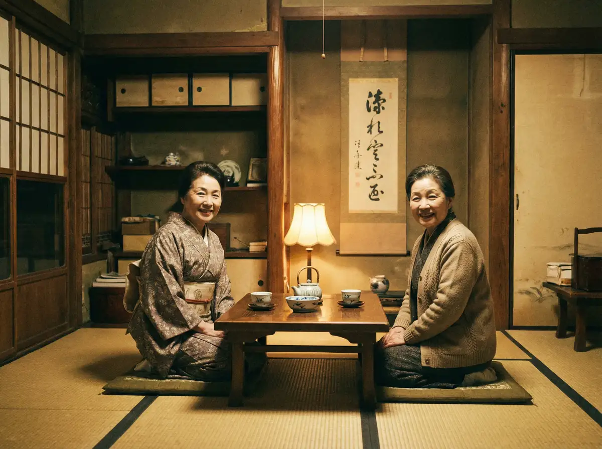两位优雅的 黑闰润 在日式茶室中品茶交谈